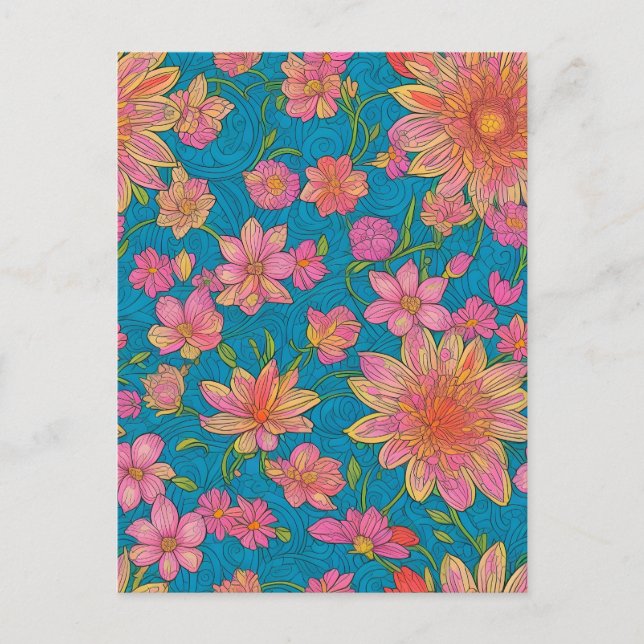 Pattern of pink Flowers on blue Background Postcard (Front)