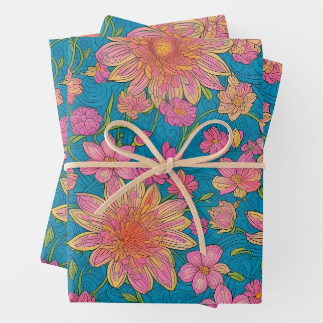 Pattern of pink Flowers on blue Background Wrapping Paper Sheet (In situ)
