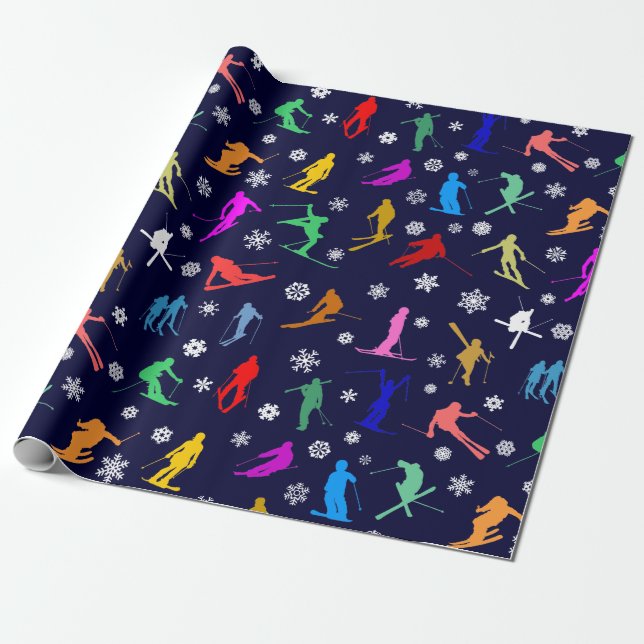 Pattern Of Skiers. Colourful Silhouettes On Dark Wrapping Paper (Unrolled)