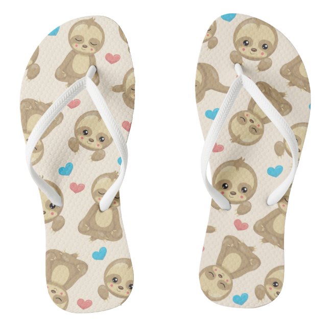 Pattern Of Sloths, Cute Sloths, Hearts Flip Flops (Footbed)