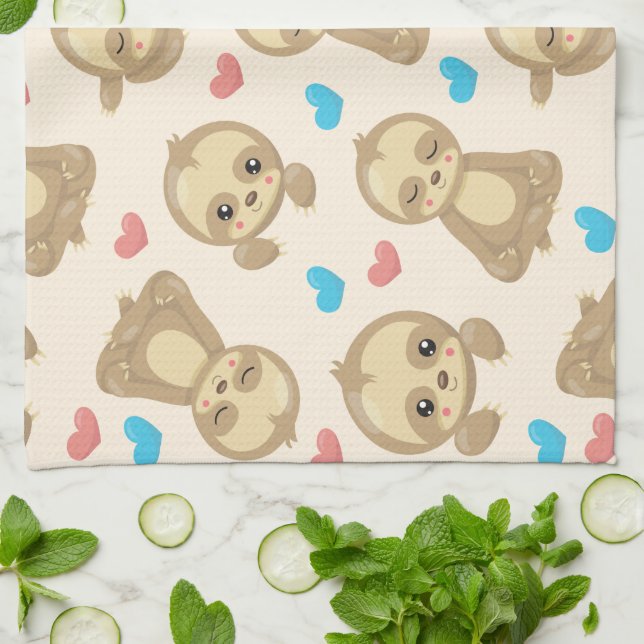 Pattern Of Sloths, Cute Sloths, Hearts Kitchen Towel (Folded)