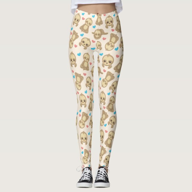 Pattern Of Sloths, Cute Sloths, Hearts Leggings (Front)