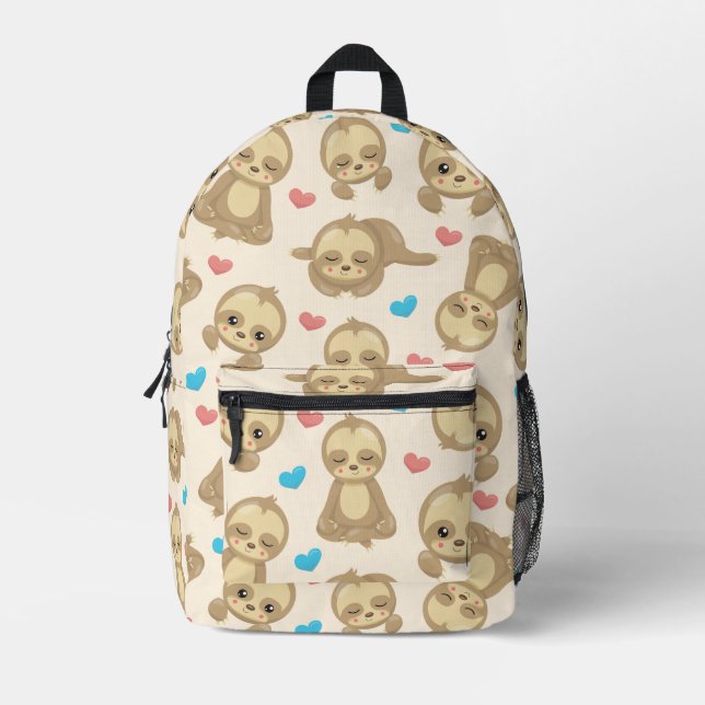 Pattern Of Sloths, Cute Sloths, Hearts Printed Backpack (Front)