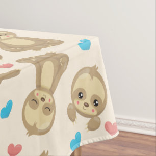 Pattern Of Sloths, Cute Sloths, Hearts Tablecloth