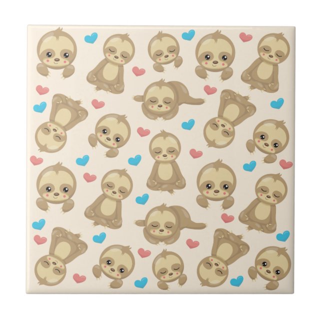 Pattern Of Sloths, Cute Sloths, Hearts Tile (Front)