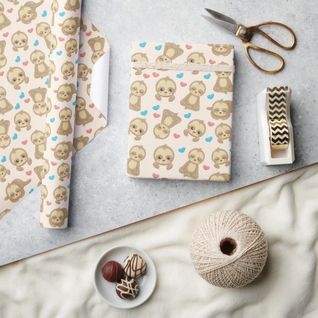 Pattern Of Sloths, Cute Sloths, Hearts Wrapping Paper (Crafts)