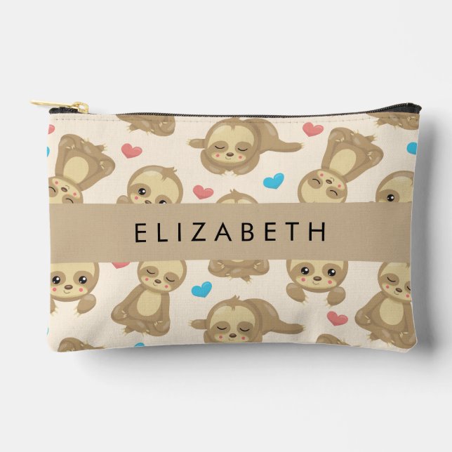Pattern Of Sloths, Cute Sloths, Hearts, Your Name Accessory Pouch (Front)