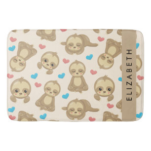 Pattern Of Sloths, Cute Sloths, Hearts, Your Name Bath Mat