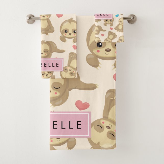 Pattern Of Sloths, Cute Sloths, Hearts, Your Name Bath Towel Set (Insitu)
