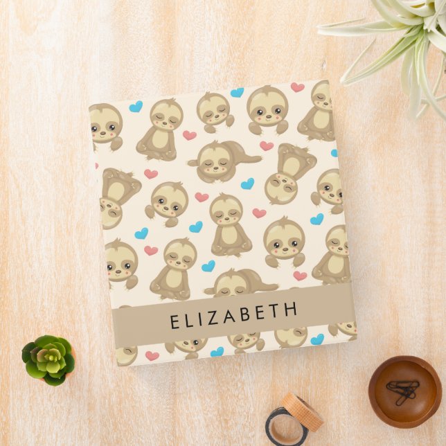 Pattern Of Sloths, Cute Sloths, Hearts, Your Name Binder (In Situ)