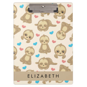 Pattern Of Sloths, Cute Sloths, Hearts, Your Name Clipboard