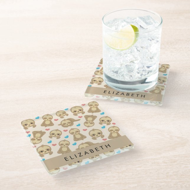 Pattern Of Sloths, Cute Sloths, Hearts, Your Name Glass Coaster (Angled)