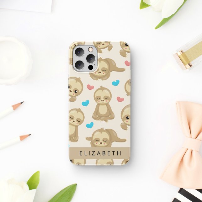 Pattern Of Sloths, Cute Sloths, Hearts, Your Name iPhone 16 Case (Creator Uploaded)