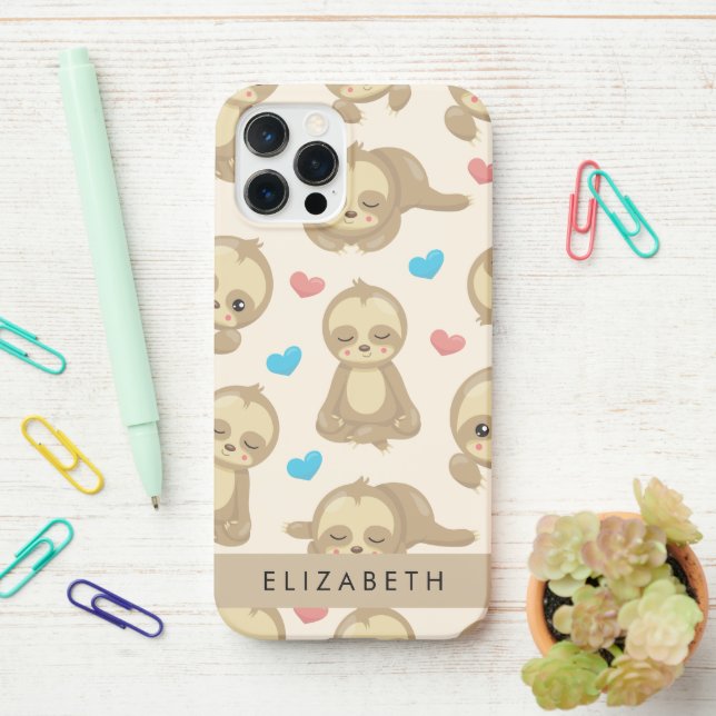Pattern Of Sloths, Cute Sloths, Hearts, Your Name iPhone Case (On Desk)