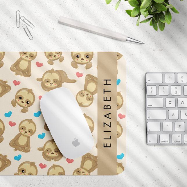 Pattern Of Sloths, Cute Sloths, Hearts, Your Name Mouse Pad (Creator Uploaded)