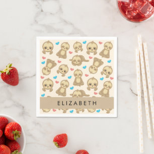 Pattern Of Sloths, Cute Sloths, Hearts, Your Name Napkin
