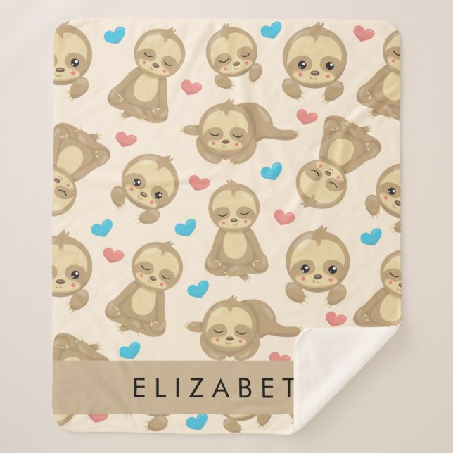 Pattern Of Sloths, Cute Sloths, Hearts, Your Name Sherpa Blanket (Front)