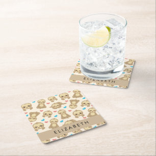 Pattern Of Sloths, Cute Sloths, Hearts, Your Name Square Paper Coaster
