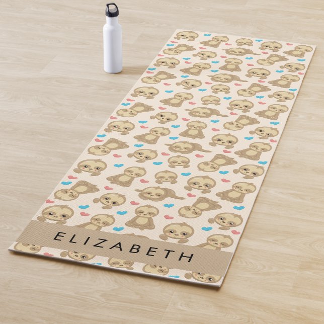Pattern Of Sloths, Cute Sloths, Hearts, Your Name Yoga Mat (In Situ)