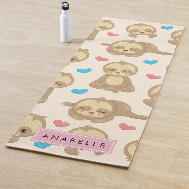 Pattern Of Sloths, Cute Sloths, Hearts, Your Name Yoga Mat (In Situ)