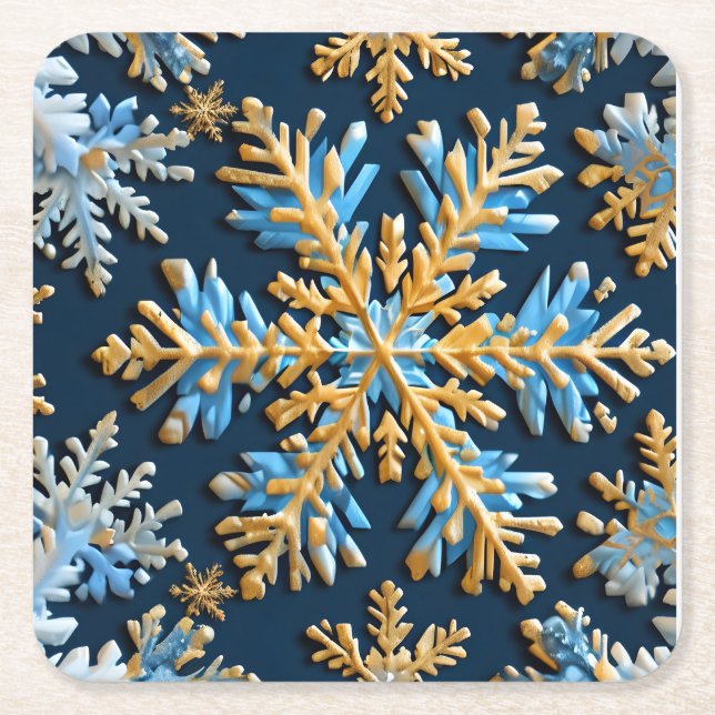  Pattern of snowflakes on a dark blue background Square Paper Coaster (Front)