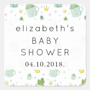Pattern Of Succulents, Cactus, Crown, Baby Shower Square Sticker