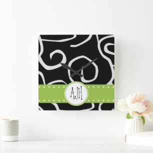 Pattern Of Swirls, Black and White, Monogram Square Wall Clock