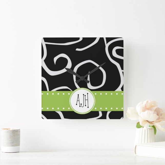Pattern Of Swirls, Black and White, Monogram Square Wall Clock (Home)