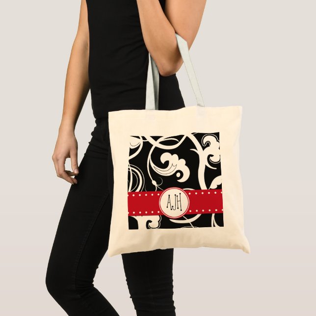 Pattern Of Swirls, Black and White, Monogram Tote Bag (Front (Product))