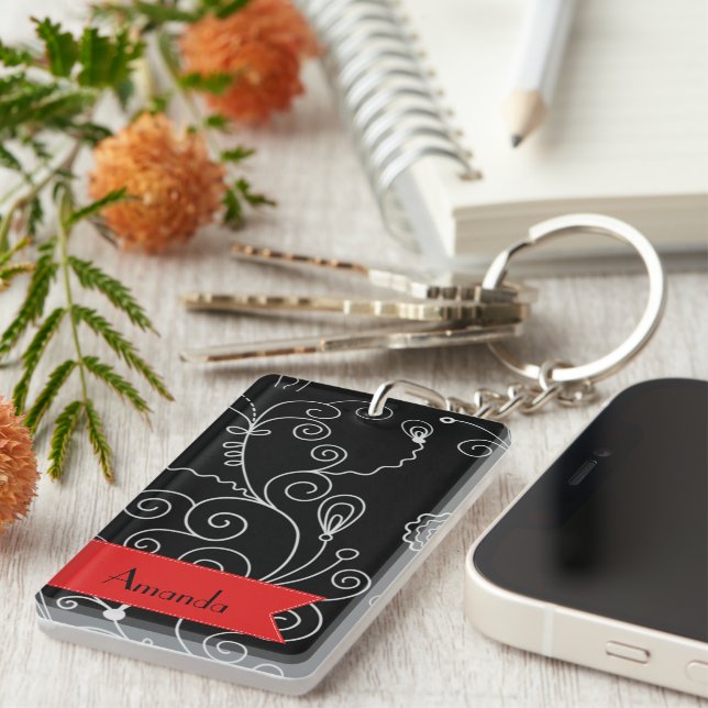Pattern Of Swirls, Black and White, Your Name Keychain (Front Right)
