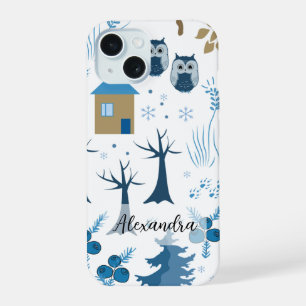 Pattern of Trees, Owls, Pine Trees and Snowflakes iPhone 15 Case