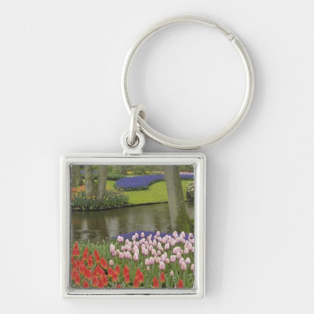 Pattern of tulips and grape hyacinth flowers, keychain (Front)