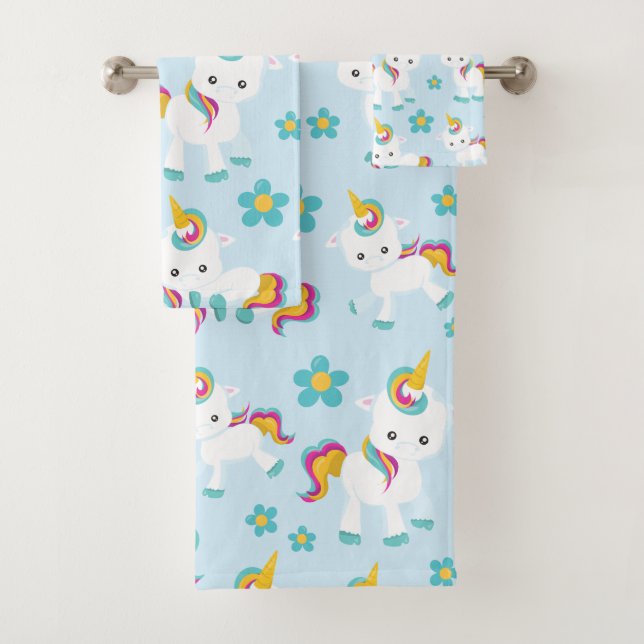 Pattern Of Unicorns, Cute Unicorns, Flowers Bath Towel Set (Insitu)