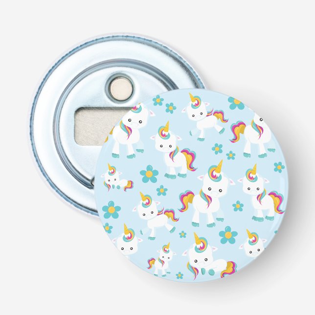 Pattern Of Unicorns, Cute Unicorns, Flowers Bottle Opener (Front)