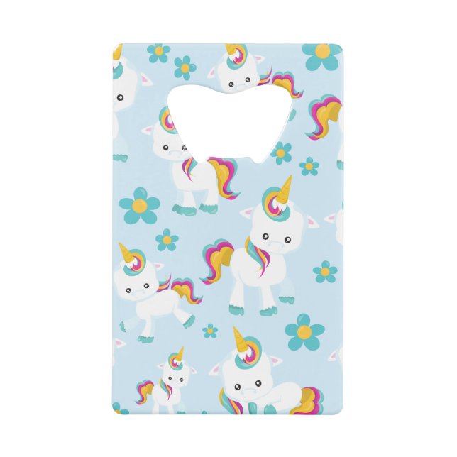 Pattern Of Unicorns, Cute Unicorns, Flowers Credit Card Bottle Opener (Front)