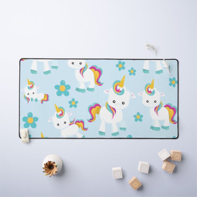 Pattern Of Unicorns, Cute Unicorns, Flowers Desk Mat (Kids Table)