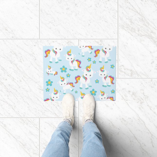 Pattern Of Unicorns, Cute Unicorns, Flowers Doormat (Indoor)