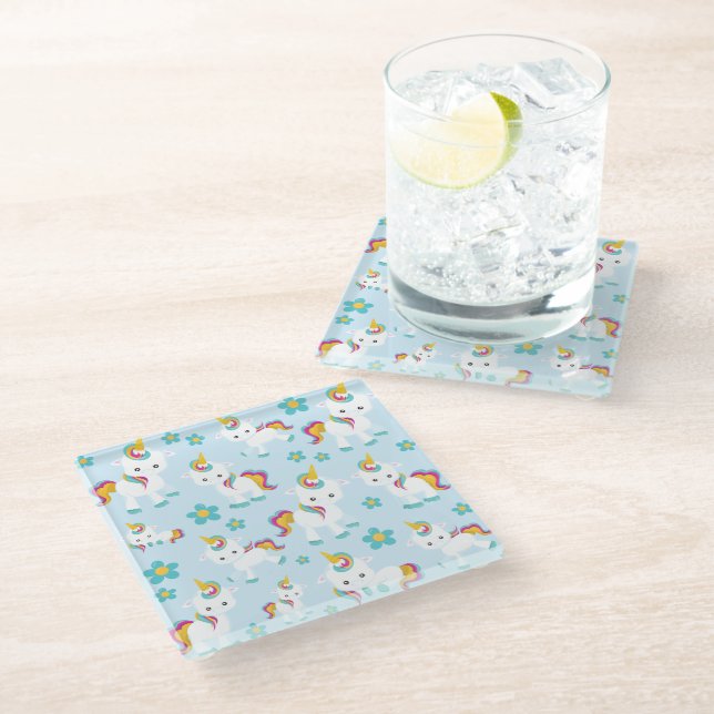 Pattern Of Unicorns, Cute Unicorns, Flowers Glass Coaster (Angled)