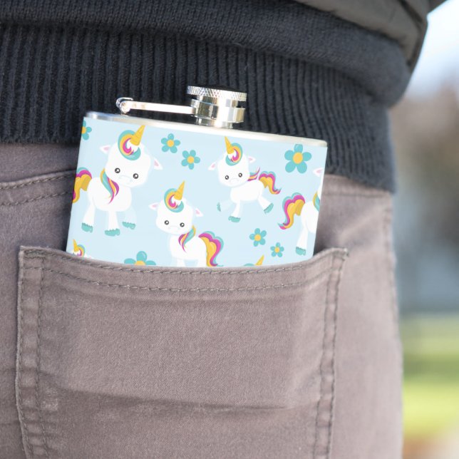 Pattern Of Unicorns, Cute Unicorns, Flowers Hip Flask (In Situ)