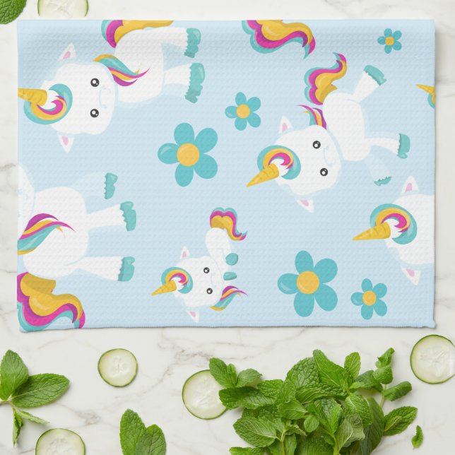 Pattern Of Unicorns, Cute Unicorns, Flowers Kitchen Towel (Folded)