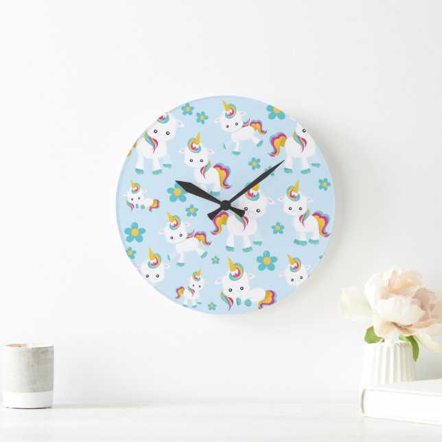 Pattern Of Unicorns, Cute Unicorns, Flowers Large Clock (Home)