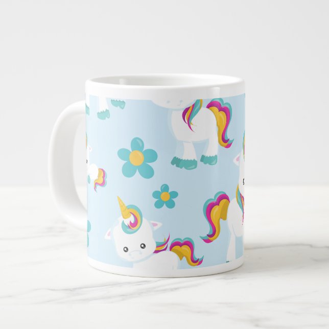 Pattern Of Unicorns, Cute Unicorns, Flowers Large Coffee Mug (Front Left)