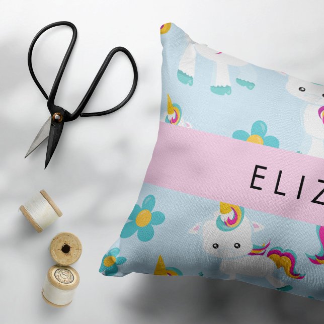 Pattern Of Unicorns, Cute Unicorns, Your Name Accent Pillow (Creator Uploaded)