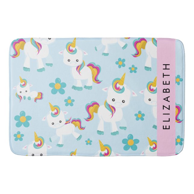 Pattern Of Unicorns, Cute Unicorns, Your Name Bath Mat (Front)