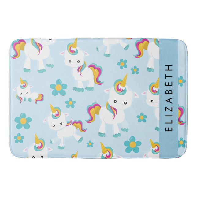 Pattern Of Unicorns, Cute Unicorns, Your Name Bath Mat (Front)