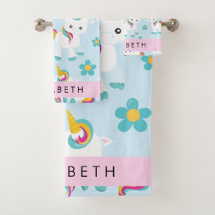 Pattern Of Unicorns, Cute Unicorns, Your Name Bath Towel Set