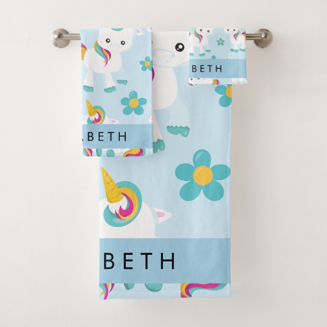 Pattern Of Unicorns, Cute Unicorns, Your Name Bath Towel Set (Insitu)