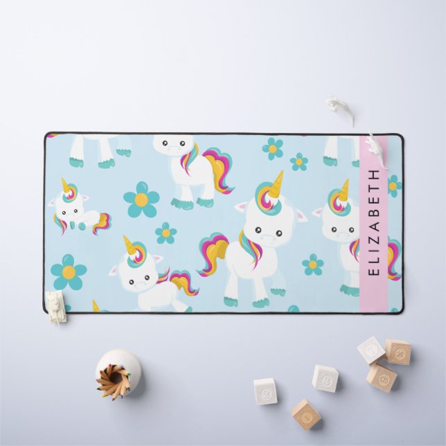 Pattern Of Unicorns, Cute Unicorns, Your Name Desk Mat (Kids Table)