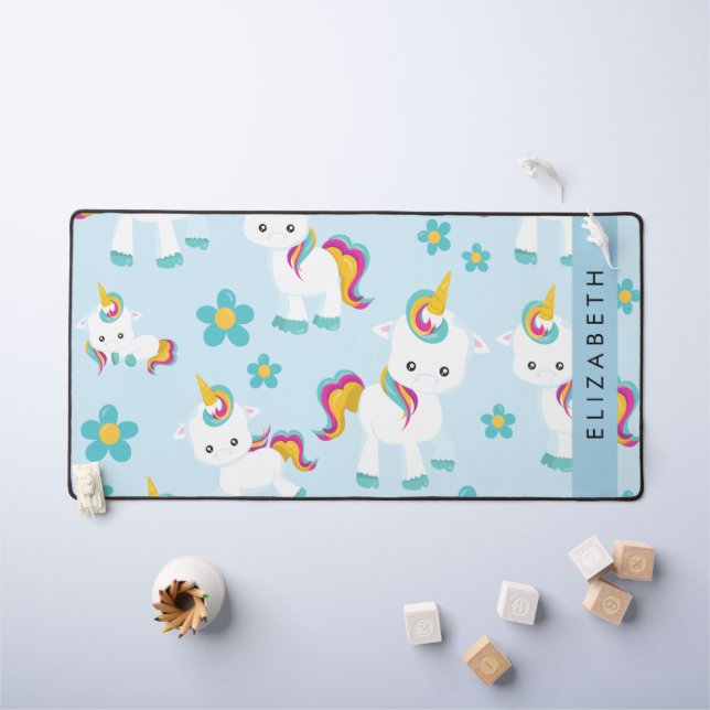 Pattern Of Unicorns, Cute Unicorns, Your Name Desk Mat (Kids Table)