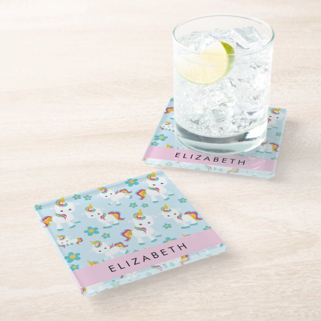 Pattern Of Unicorns, Cute Unicorns, Your Name Glass Coaster (Angled)